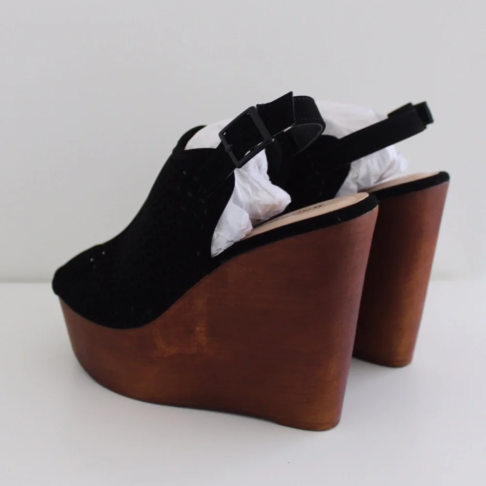 Black‎ Suede And Brown Wedges